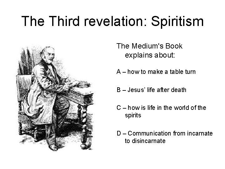 The Third revelation: Spiritism The Medium's Book explains about: A – how to make