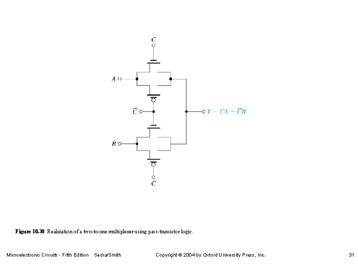 Figure 10. 30 Realization of a two-to-one multiplexer using pass-transistor logic. Microelectronic Circuits -