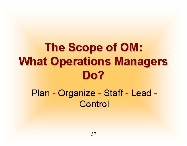 The Scope of OM: What Operations Managers Do? Plan - Organize - Staff -