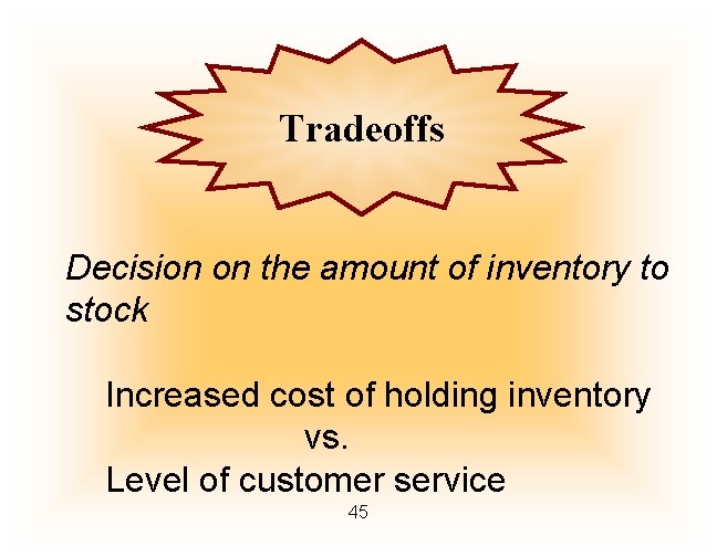 Tradeoffs Decision on the amount of inventory to stock Increased cost of holding inventory