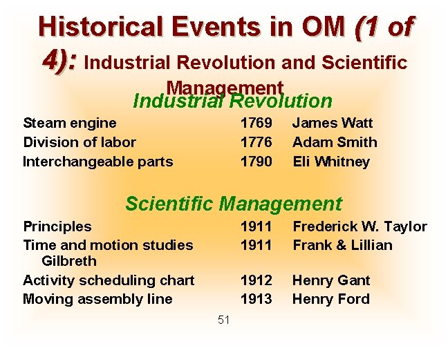 Historical Events in OM (1 of 4): Industrial Revolution and Scientific Management Industrial Revolution