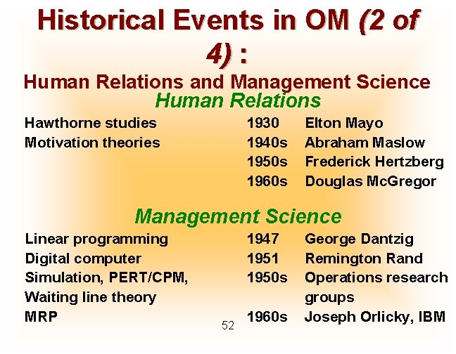 Historical Events in OM (2 of 4) : Human Relations and Management Science Human