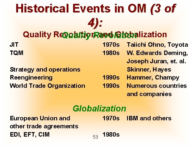 Historical Events in OM (3 of 4): Quality Revolution and Globalization Quality Revolution JIT