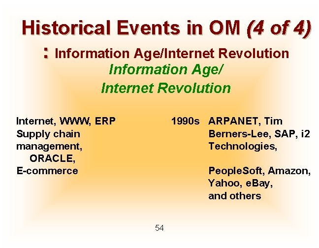 Historical Events in OM (4 of 4) : Information Age/Internet Revolution Information Age/ Internet