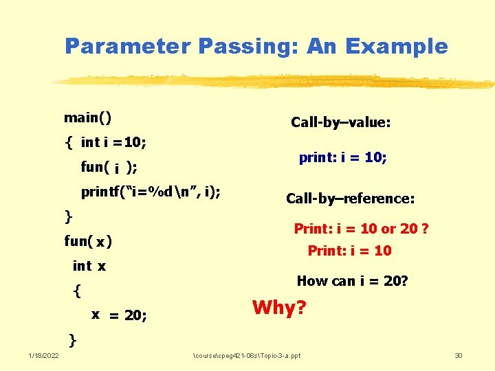 Parameter Passing: An Example main() Call-by–value: { int i =10; print: i = 10;
