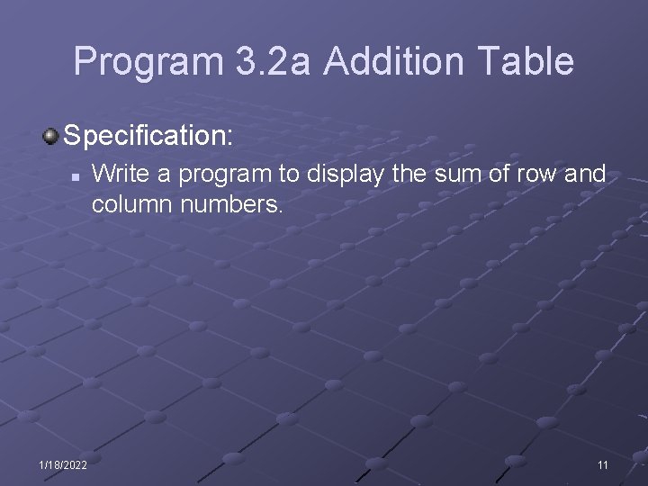 Program 3. 2 a Addition Table Specification: n 1/18/2022 Write a program to display