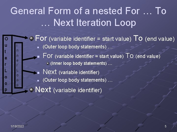 General Form of a nested For … To … Next Iteration Loop O u