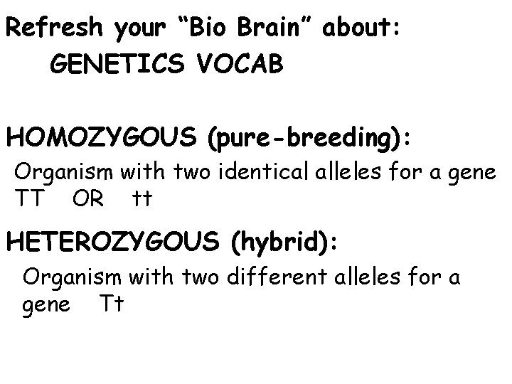 Refresh your “Bio Brain” about: GENETICS VOCAB HOMOZYGOUS (pure-breeding): Organism with two identical alleles