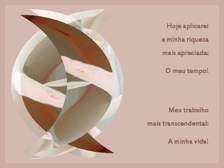 Hoje aplicarei a minha riqueza mais apreciada: O meu tempo! Meu trabalho mais transcendental: