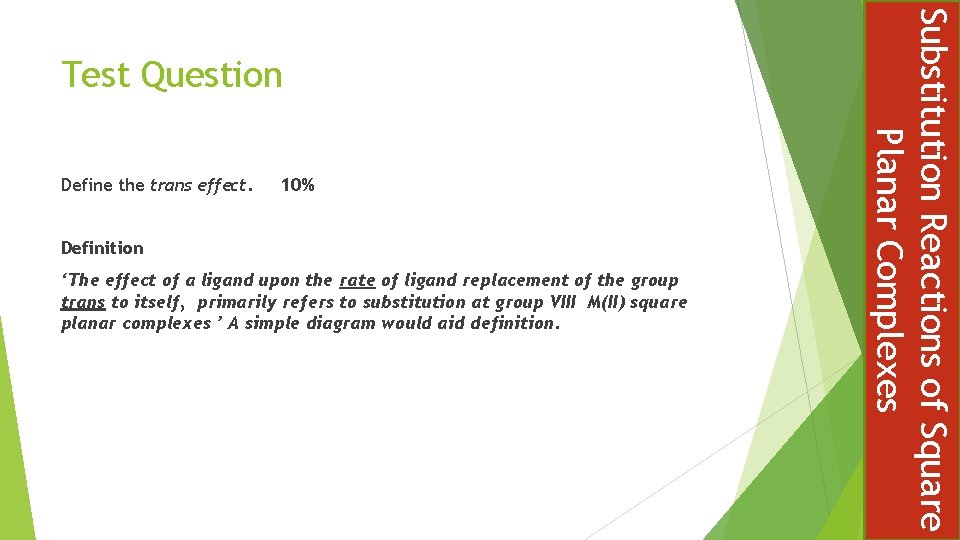 Define the trans effect. 10% Definition ‘The effect of a ligand upon the rate