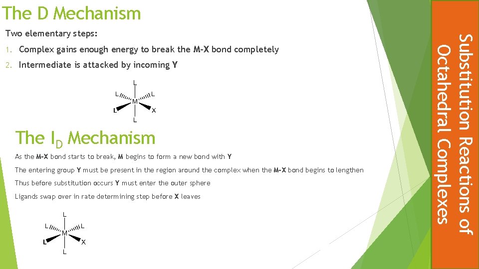 The D Mechanism 1. Complex gains enough energy to break the M-X bond completely