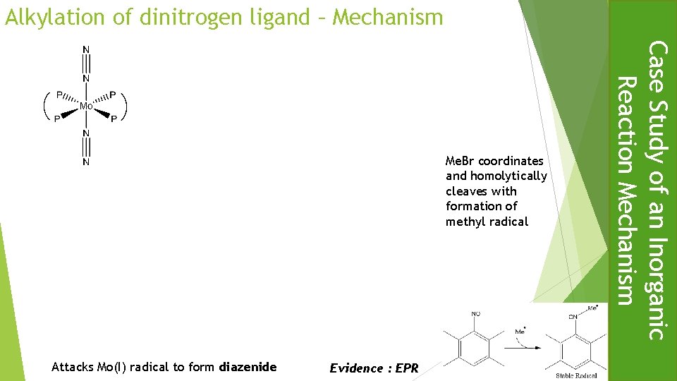 Alkylation of dinitrogen ligand – Mechanism Attacks Mo(I) radical to form diazenide Evidence :