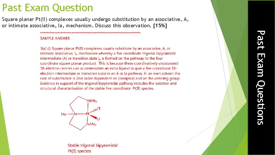Past Exam Question Square planar Pt(II) complexes usually undergo substitution by an associative, A,