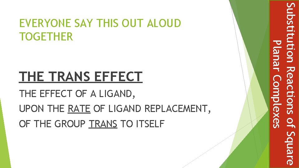 THE TRANS EFFECT THE EFFECT OF A LIGAND, UPON THE RATE OF LIGAND REPLACEMENT,