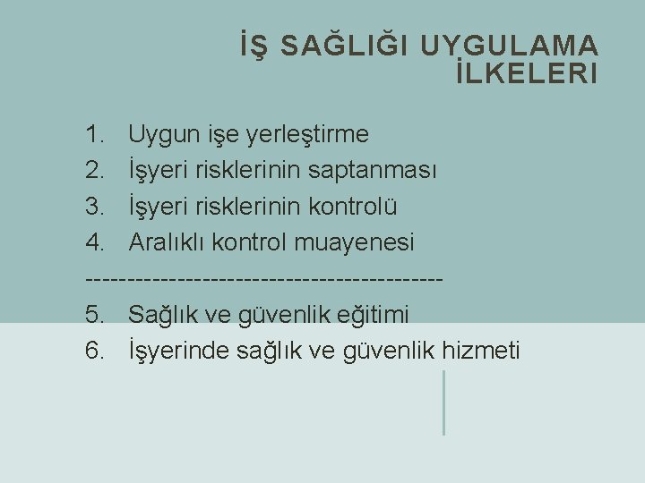 İŞ SAĞLIĞI UYGULAMA İLKELERI 1. Uygun işe yerleştirme 2. İşyeri risklerinin saptanması 3. İşyeri