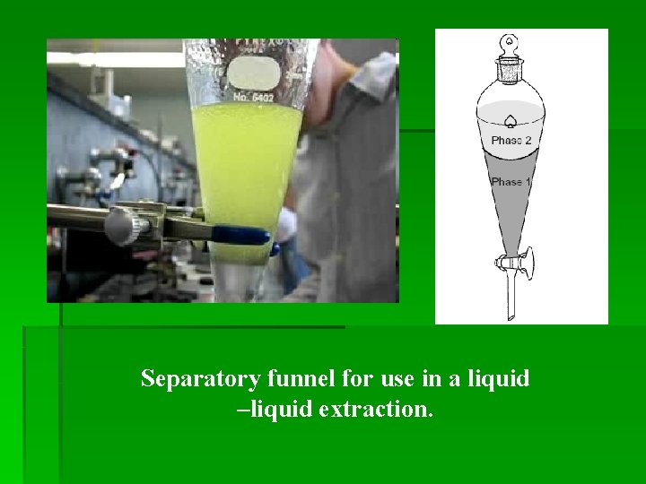 Separatory funnel for use in a liquid –liquid extraction. 