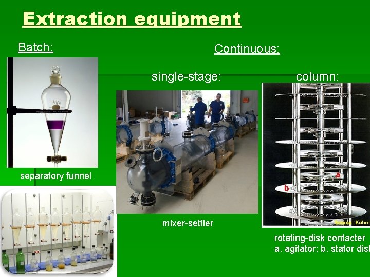 Extraction equipment Batch: Continuous: single-stage: column: separatory funnel mixer-settler rotating-disk contacter a. agitator; b.