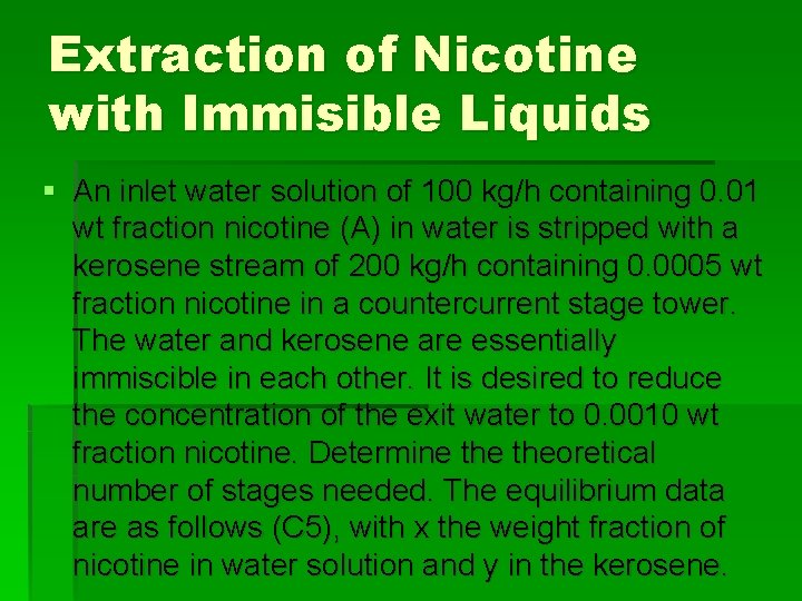 Extraction of Nicotine with Immisible Liquids § An inlet water solution of 100 kg/h