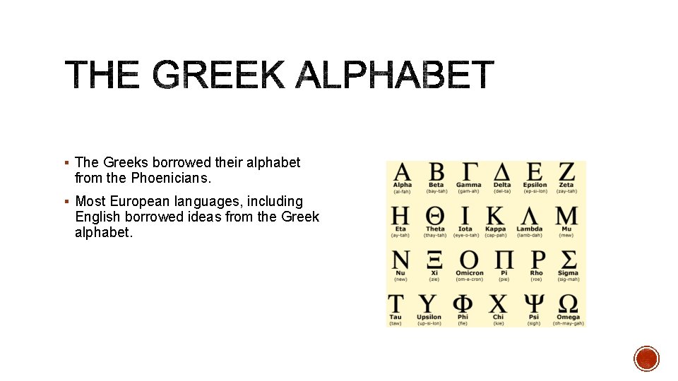 § The Greeks borrowed their alphabet from the Phoenicians. § Most European languages, including