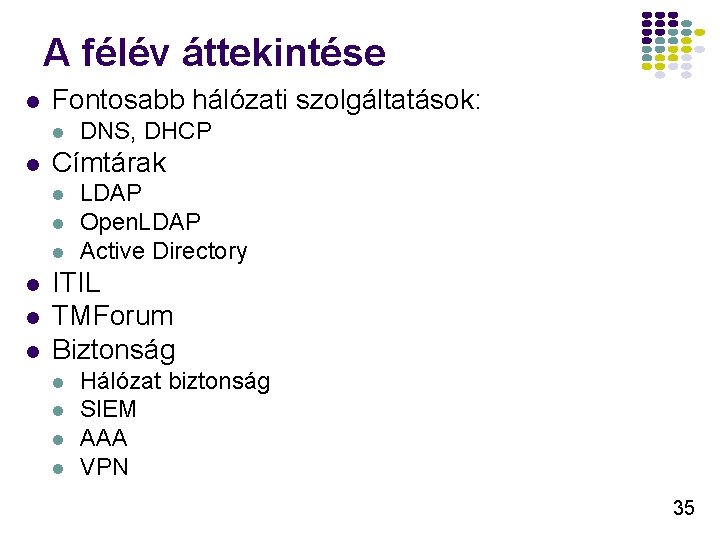 A félév áttekintése l Fontosabb hálózati szolgáltatások: l l Címtárak l l l DNS,