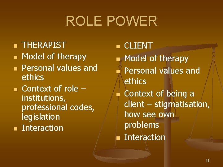 ROLE POWER n n n THERAPIST Model of therapy Personal values and ethics Context