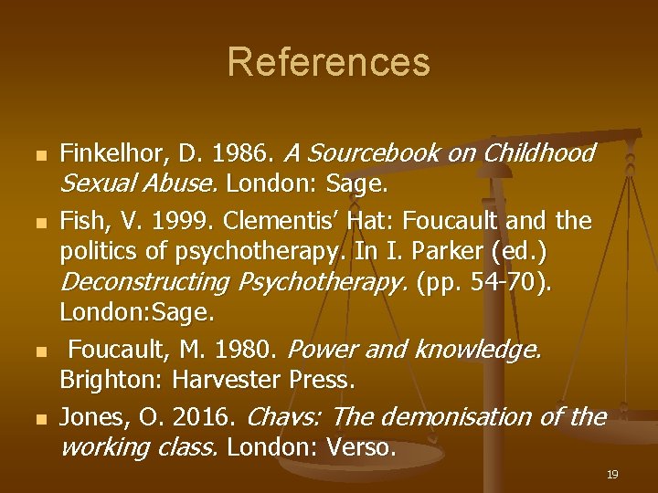 References n n Finkelhor, D. 1986. A Sourcebook on Childhood Sexual Abuse. London: Sage.