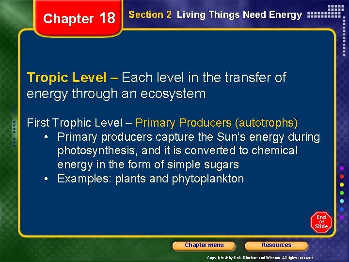 Chapter 18 Section 2 Living Things Need Energy Tropic Level – Each level in