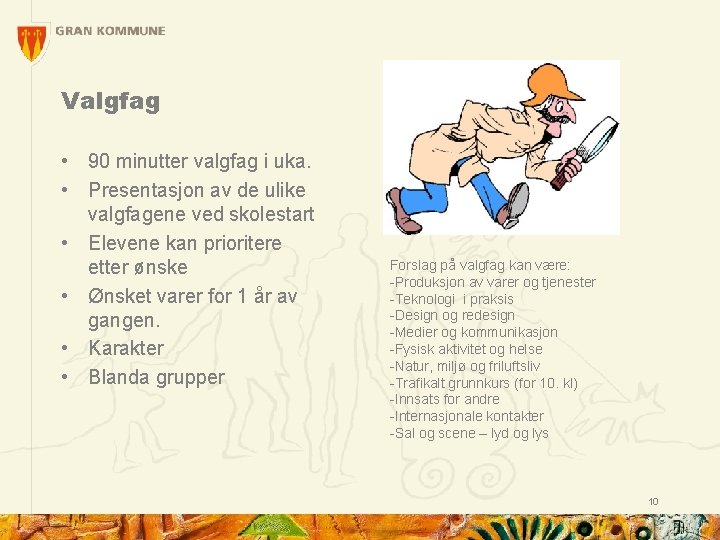 Valgfag • 90 minutter valgfag i uka. • Presentasjon av de ulike valgfagene ved