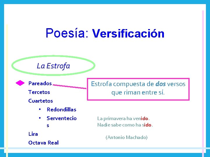 Poesía: Poesía Versificación La Estrofa Pareados Tercetos Cuartetos • Redondillas • Serventecio s Lira