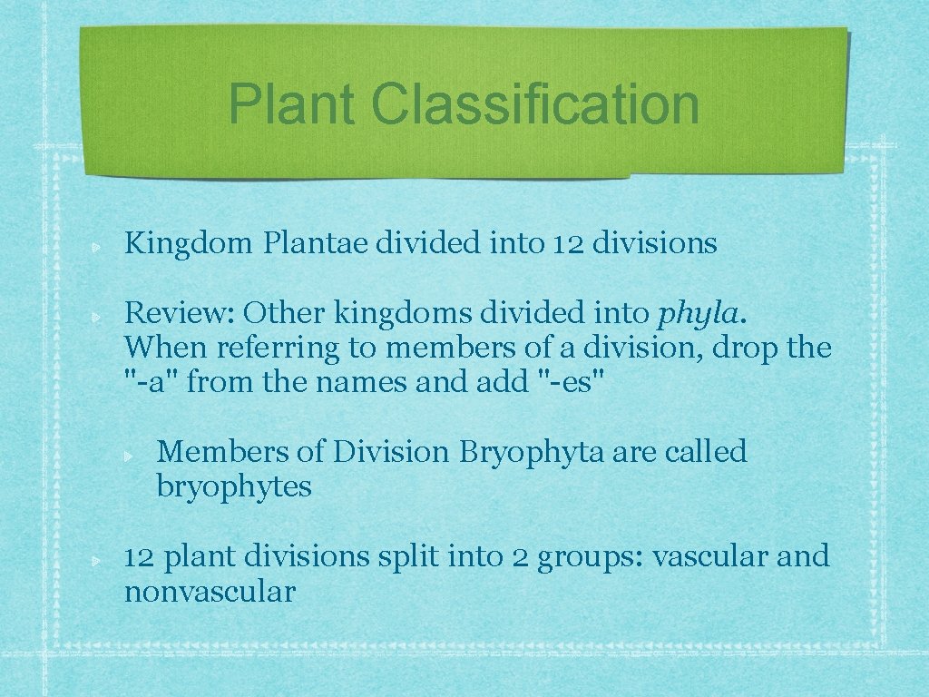 Plant Classification Kingdom Plantae divided into 12 divisions Review: Other kingdoms divided into phyla. Plant Classification Kingdom Plantae divided into 12 divisions Review: Other kingdoms divided into phyla.