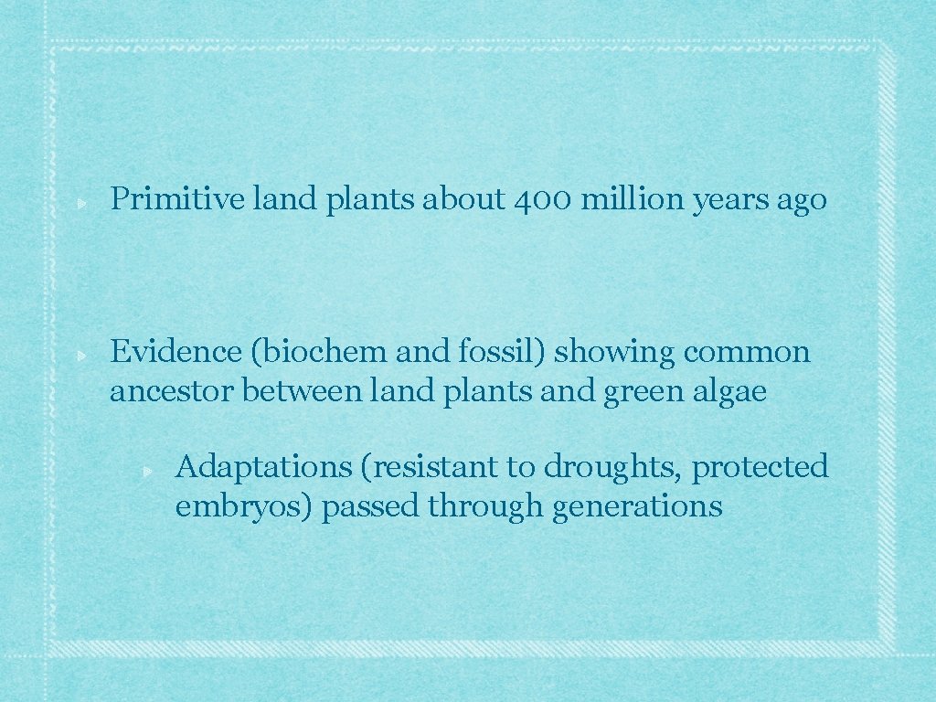 Primitive land plants about 400 million years ago Evidence (biochem and fossil) showing common Primitive land plants about 400 million years ago Evidence (biochem and fossil) showing common