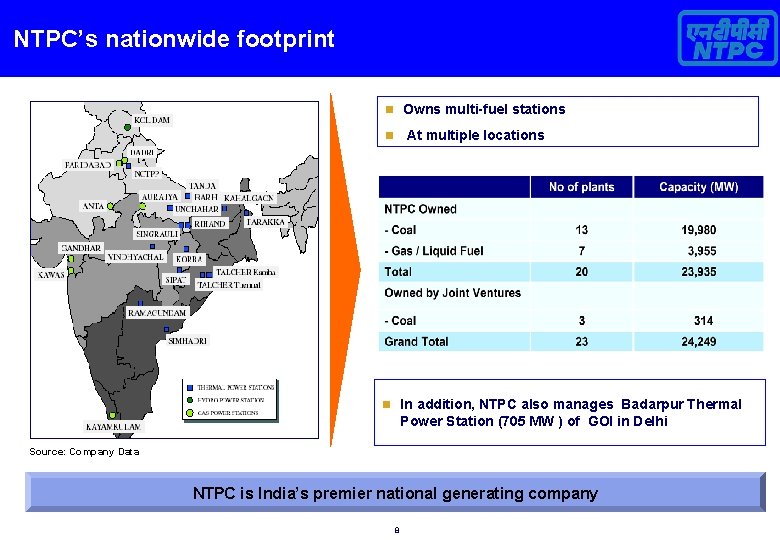NTPC’s nationwide footprint n Owns multi-fuel stations At multiple locations n n In addition,