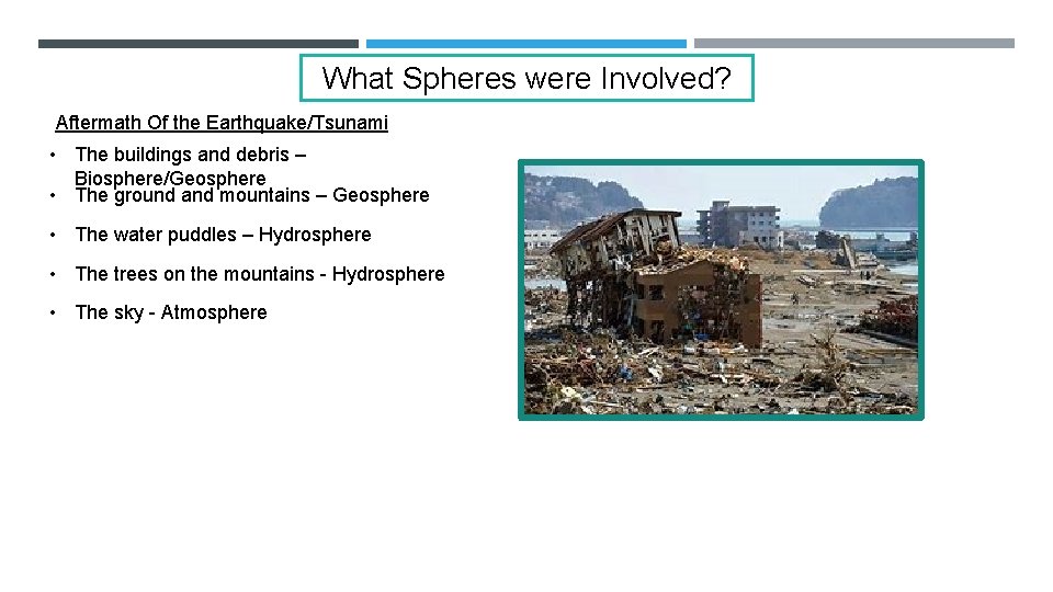 What Spheres were Involved? Aftermath Of the Earthquake/Tsunami • The buildings and debris –