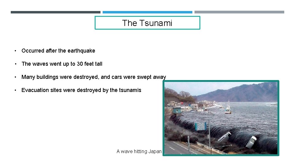 The Tsunami • Occurred after the earthquake • The waves went up to 30