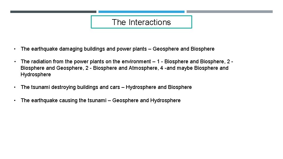 The Interactions • The earthquake damaging buildings and power plants – Geosphere and Biosphere