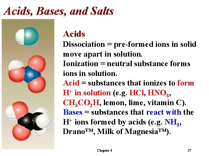 Acids, Bases, and Salts Acids Dissociation = pre-formed ions in solid move apart in