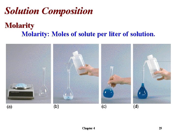 Solution Composition Molarity: Moles of solute per liter of solution. Chapter 4 25 