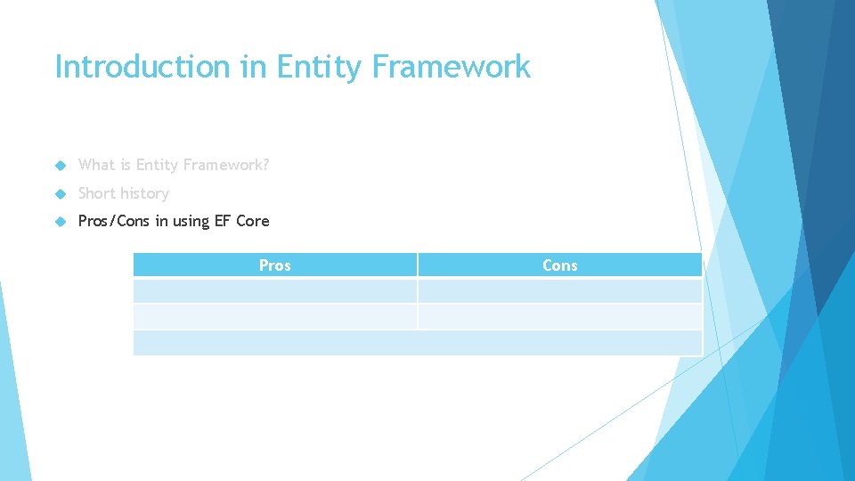 Introduction in Entity Framework What is Entity Framework? Short history Pros/Cons in using EF