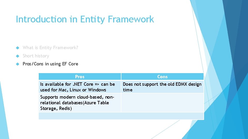 Introduction in Entity Framework What is Entity Framework? Short history Pros/Cons in using EF