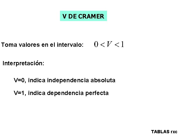 V DE CRAMER Toma valores en el intervalo: Interpretación: V=0, indica independencia absoluta V=1,