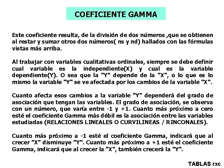 COEFICIENTE GAMMA Este coeficiente resulta, de la división de dos números , que se