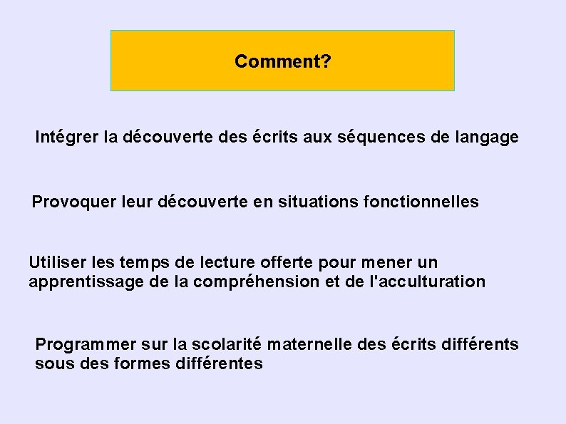 Comment? Intégrer la découverte des écrits aux séquences de langage Provoquer leur découverte en