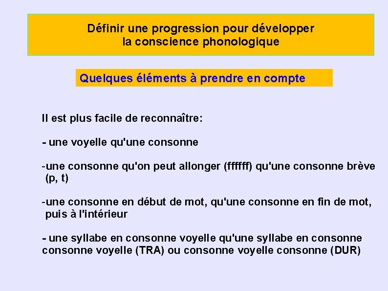 Définir une progression pour développer la conscience phonologique Quelques éléments à prendre en compte