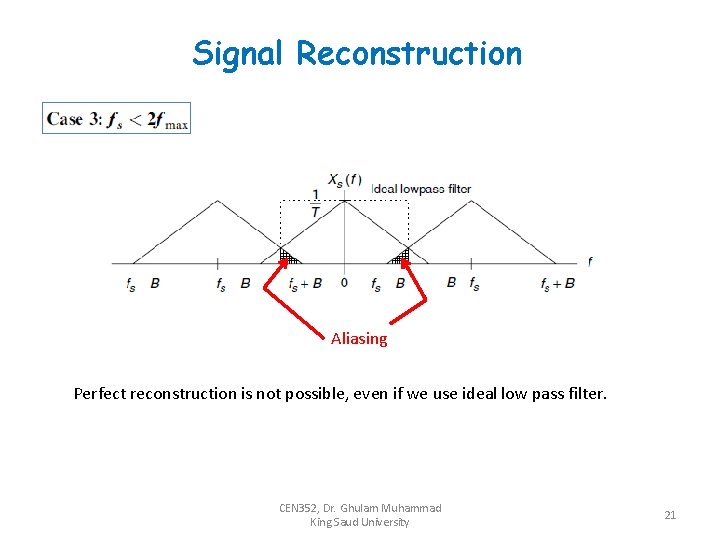 Signal Reconstruction Aliasing Perfect reconstruction is not possible, even if we use ideal low