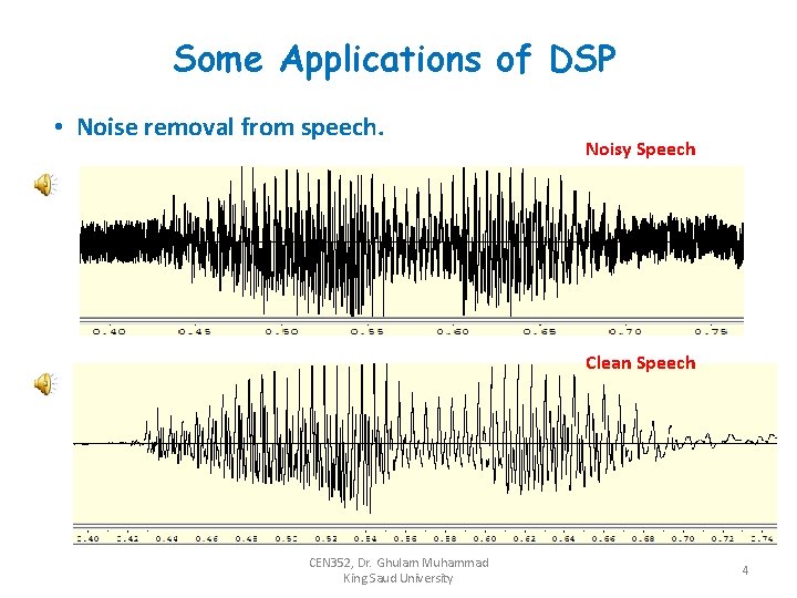 Some Applications of DSP • Noise removal from speech. Noisy Speech Clean Speech CEN