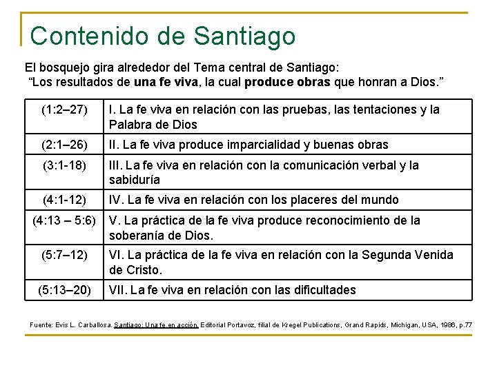 Contenido de Santiago El bosquejo gira alrededor del Tema central de Santiago: “Los resultados