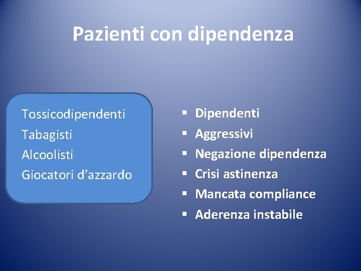 Pazienti con dipendenza Tossicodipendenti Tabagisti Alcoolisti Giocatori d’azzardo § § § Dipendenti Aggressivi Negazione