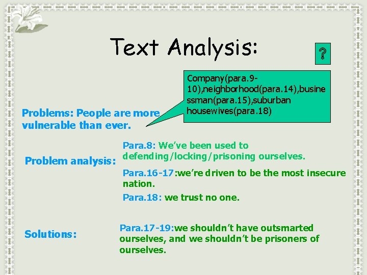 Text Analysis: Problems: People are more vulnerable than ever. Problem analysis: Solutions: Company(para. 910),