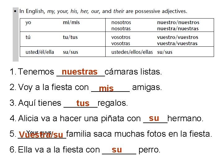 1. Tenemos _____cámaras nuestras listas. 2. Voy a la fiesta con ____ amigas. mis