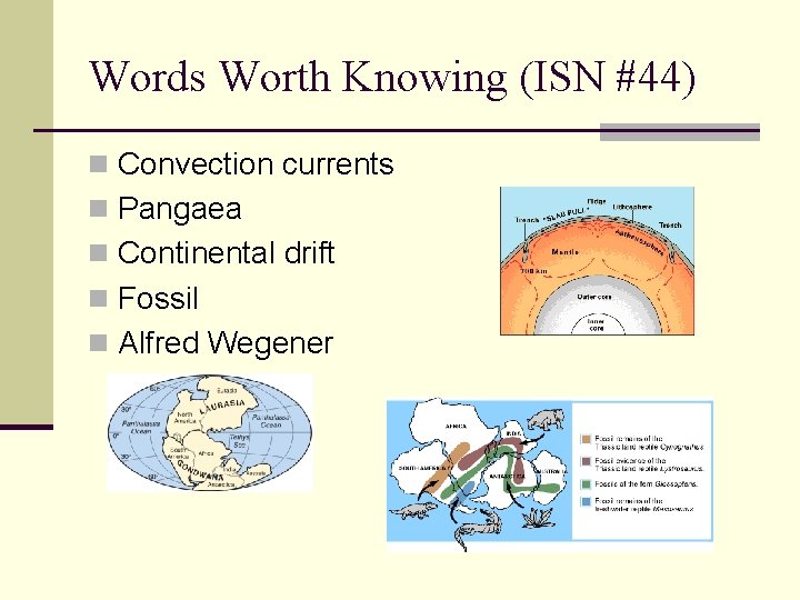 Words Worth Knowing (ISN #44) n Convection currents n Pangaea n Continental drift n